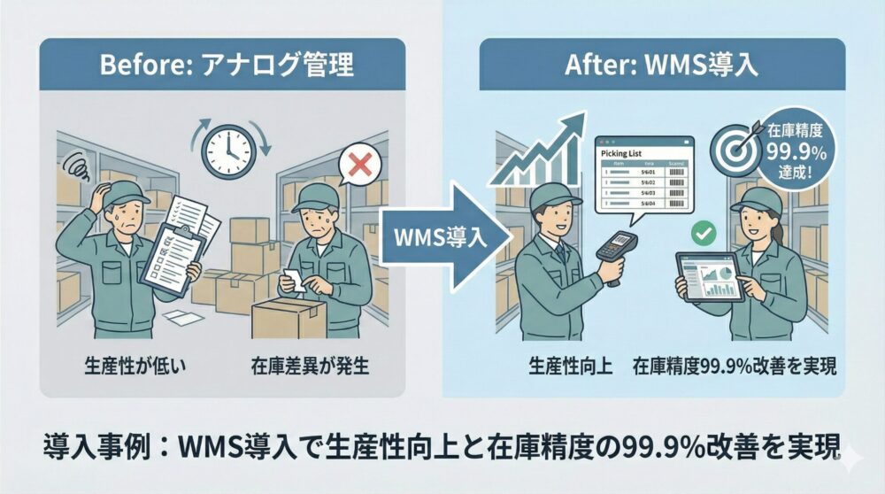 WMSの導入で生産性向上と在庫精度の99.9％改善を実現したビフォーアフターのイメージ画像